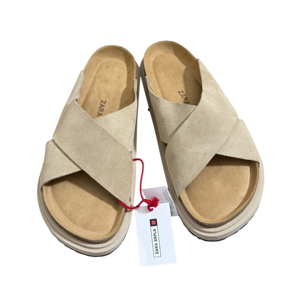 Zara SRPLS Suede Leather Criss-Cross Slide Sandals Sand Beige Mules Men's 11 NWT